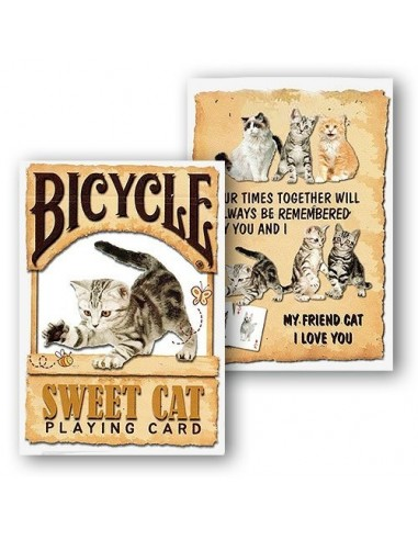 Playing card with cat design and text on a white background